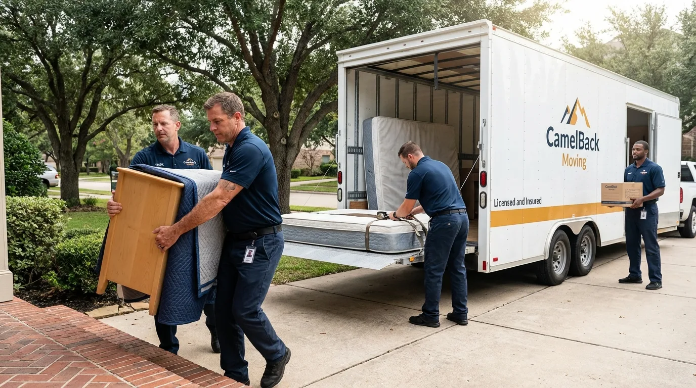 Crew loading residential truck for cross-state move from Rodeo, CA
