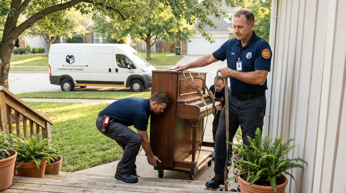 Licensed piano movers securing grand piano in Rodeo, CA