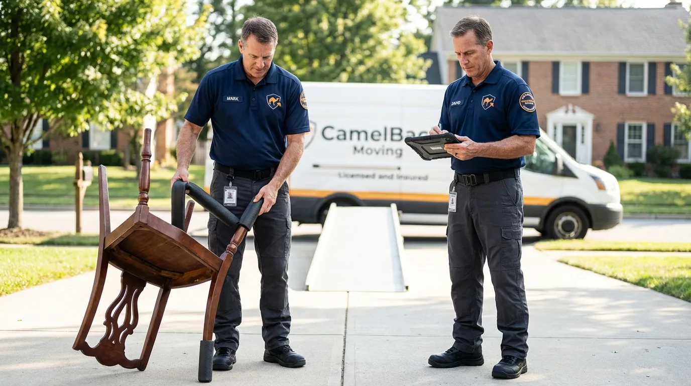 Movers inspecting furniture for damage prevention before loading in Rodeo, CA