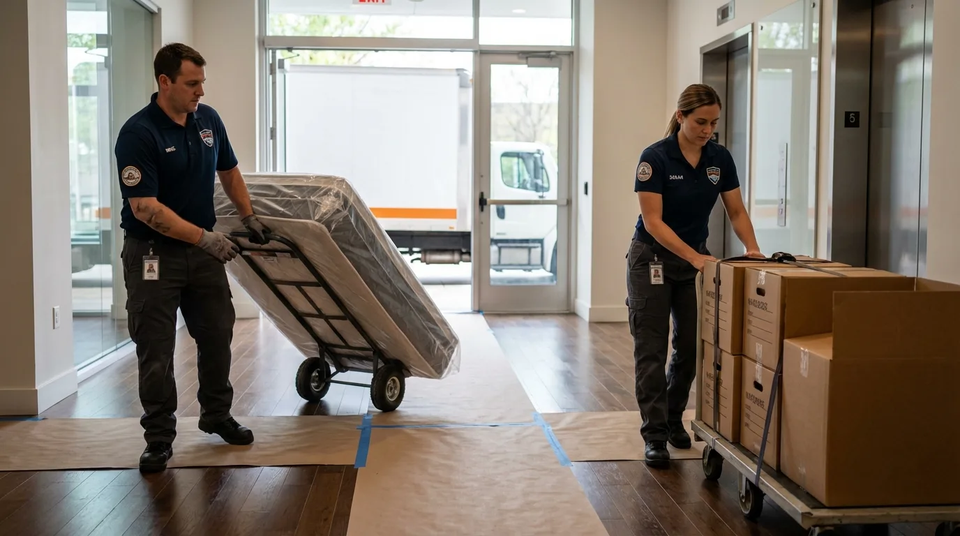 Professional apartment movers loading elevator in Rodeo, CA