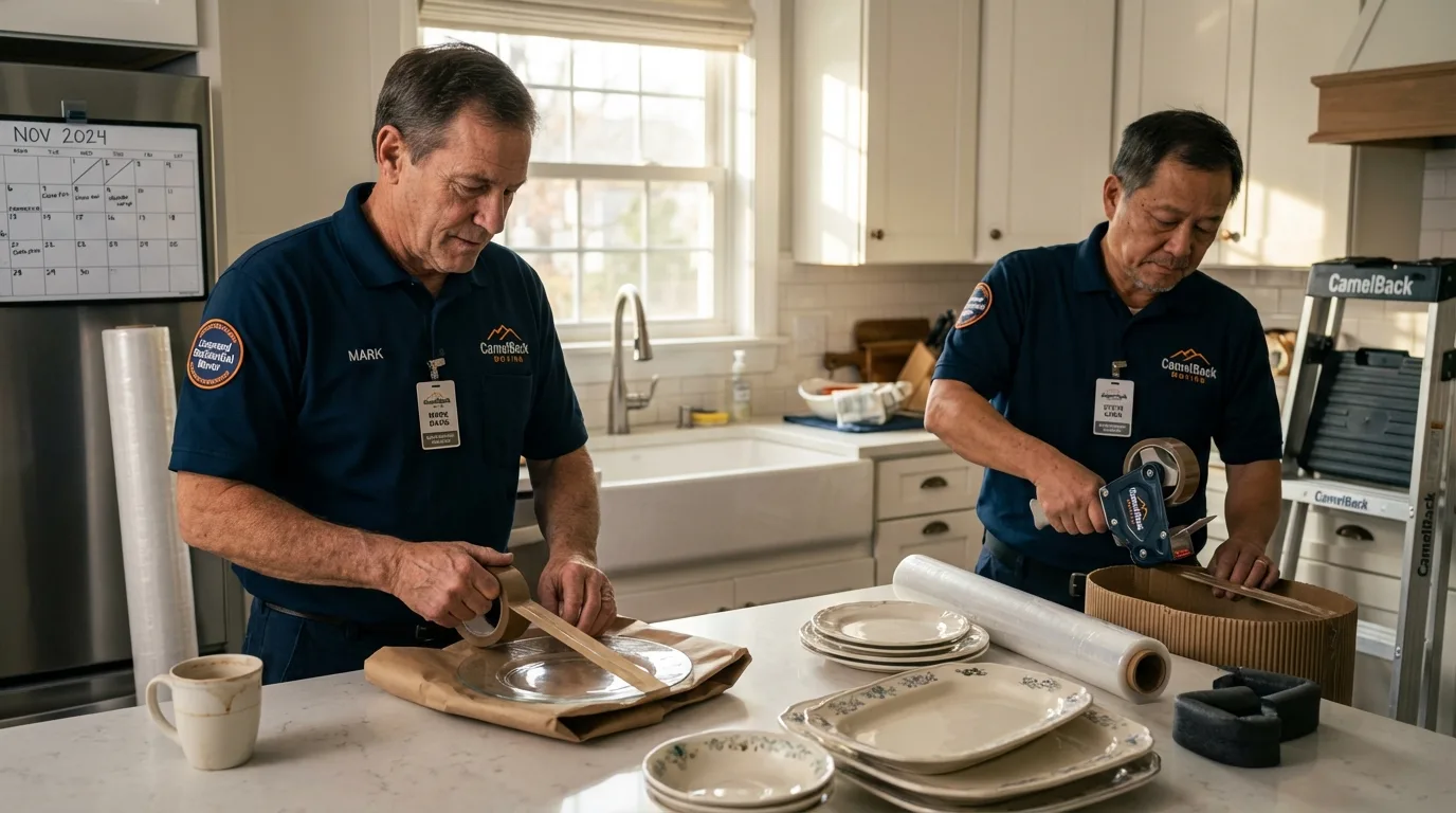 Professional crew packing kitchen dishware in Rodeo, CA